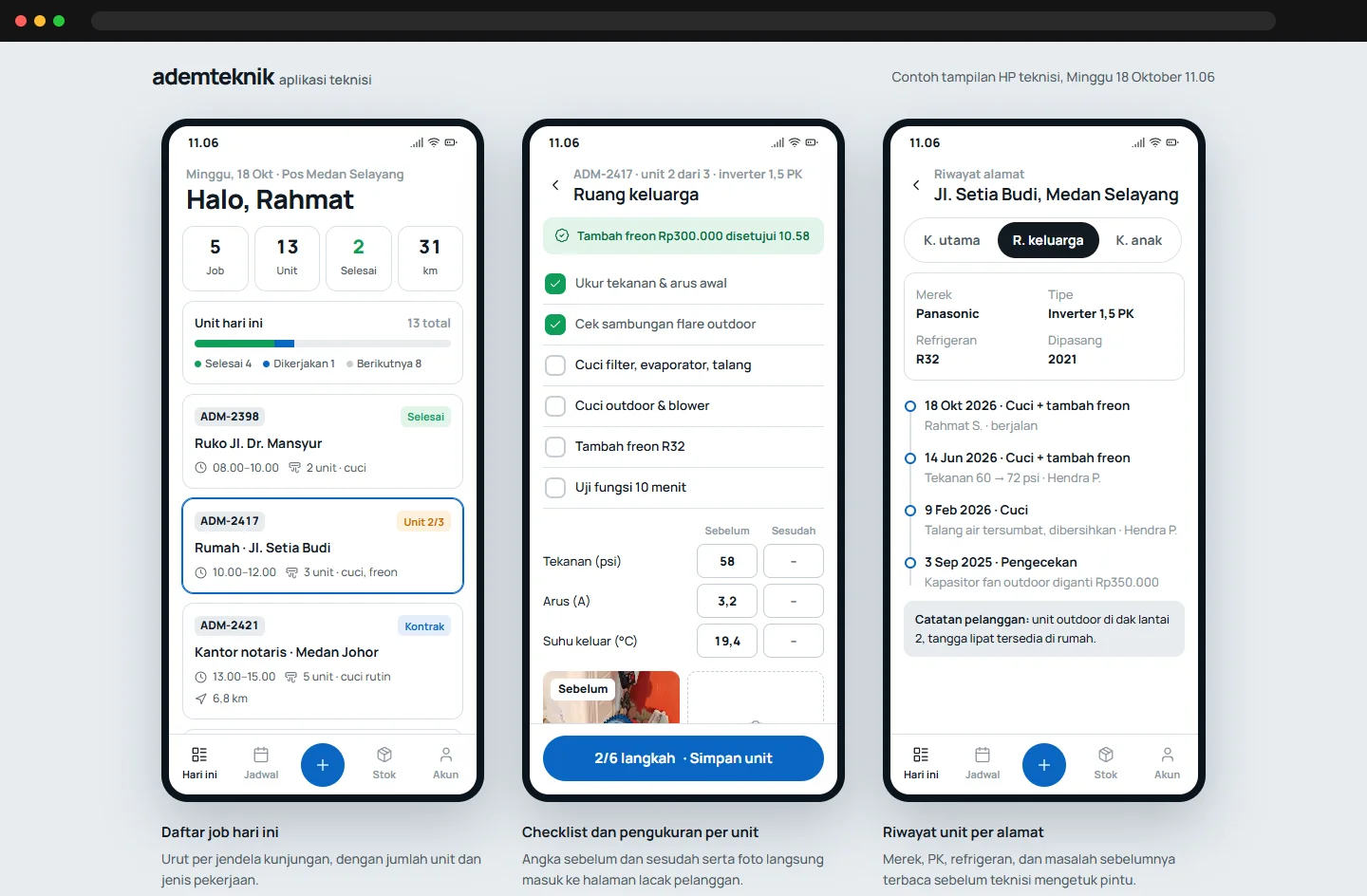 Technician app: today's jobs, unit checklist and address history