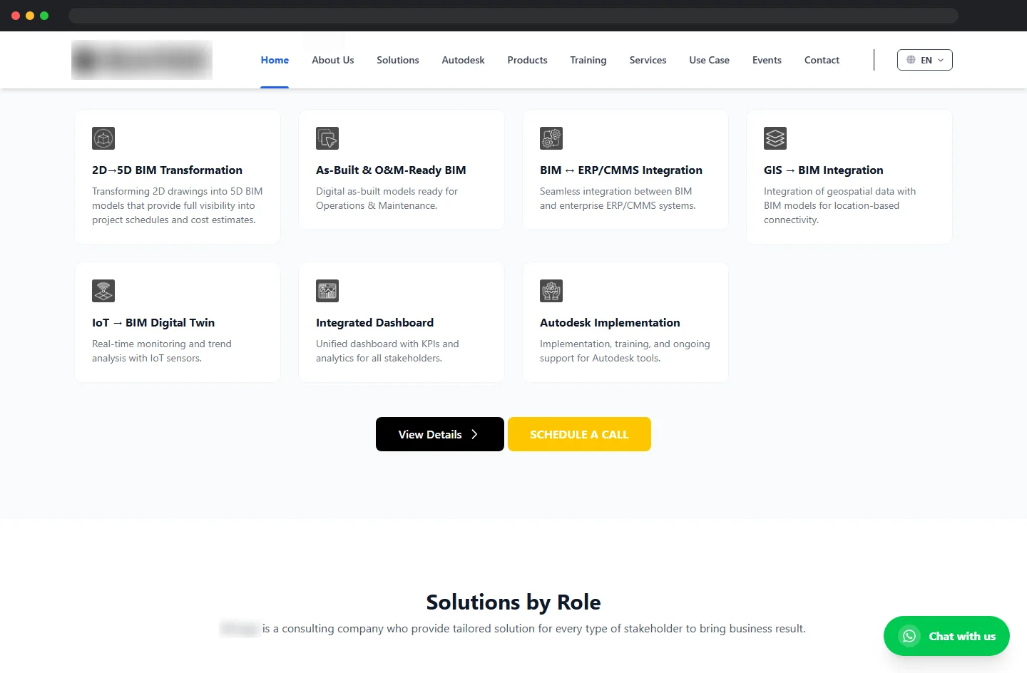 Solution cards for each BIM service line