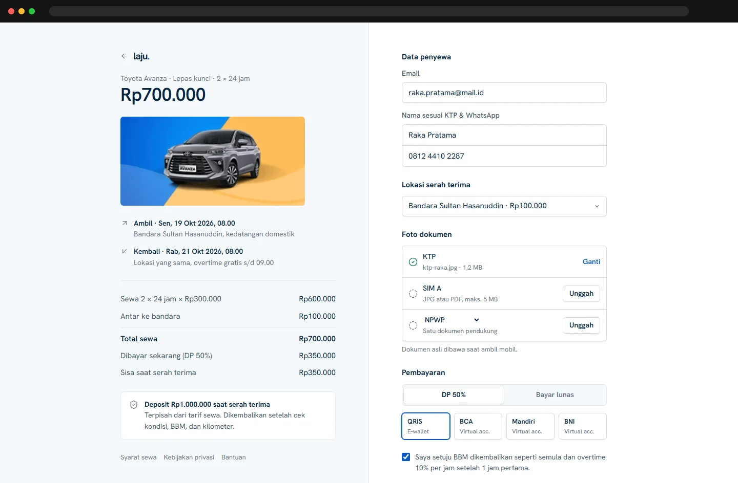Checkout terbelah dengan dokumen, deposit, dan DP