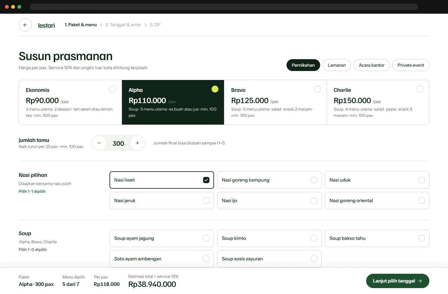 Penyusun prasmanan dengan batas menu per paket, jumlah tamu, dan total