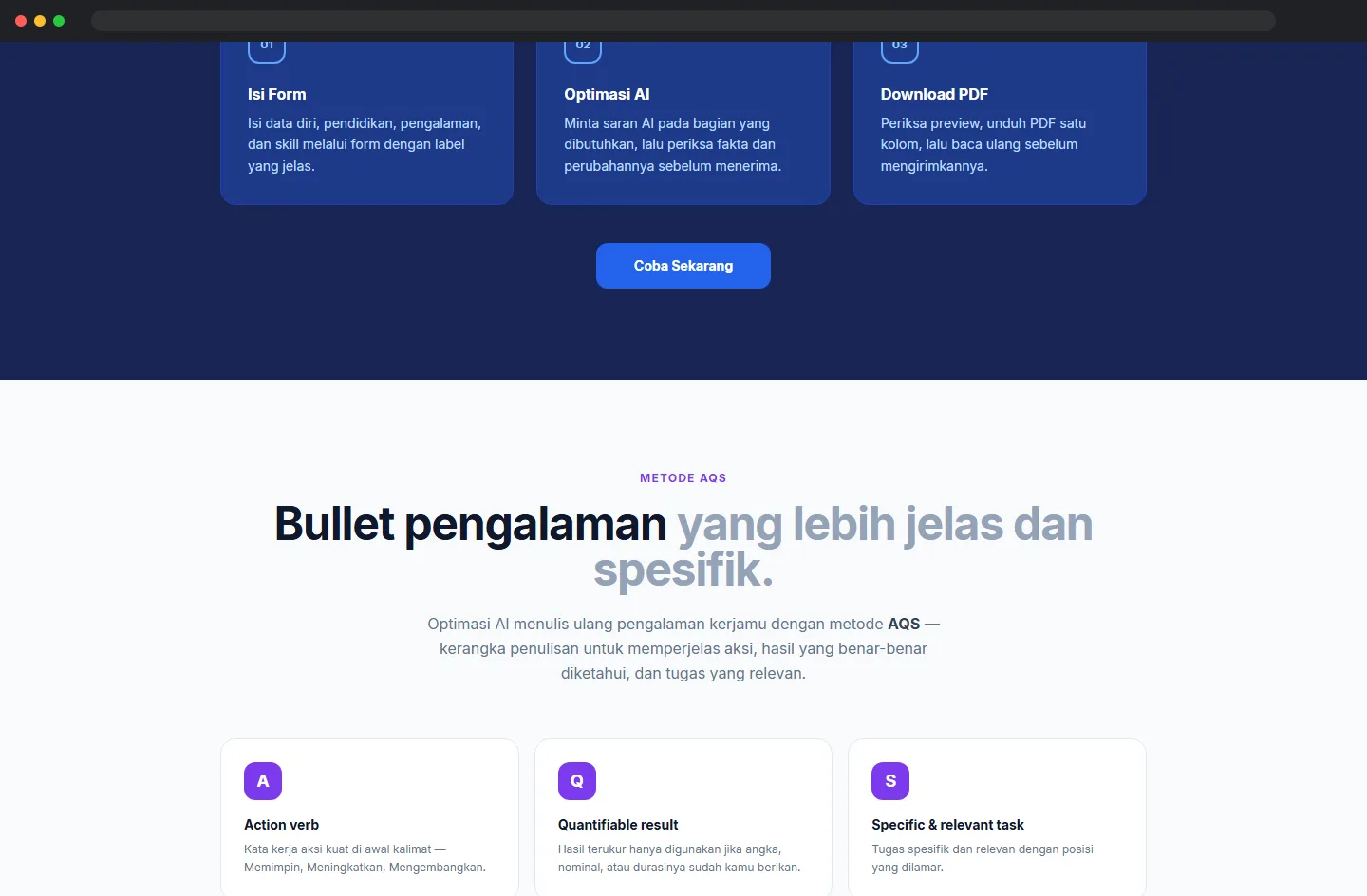Three steps: fill in, optimize with AI, download the PDF