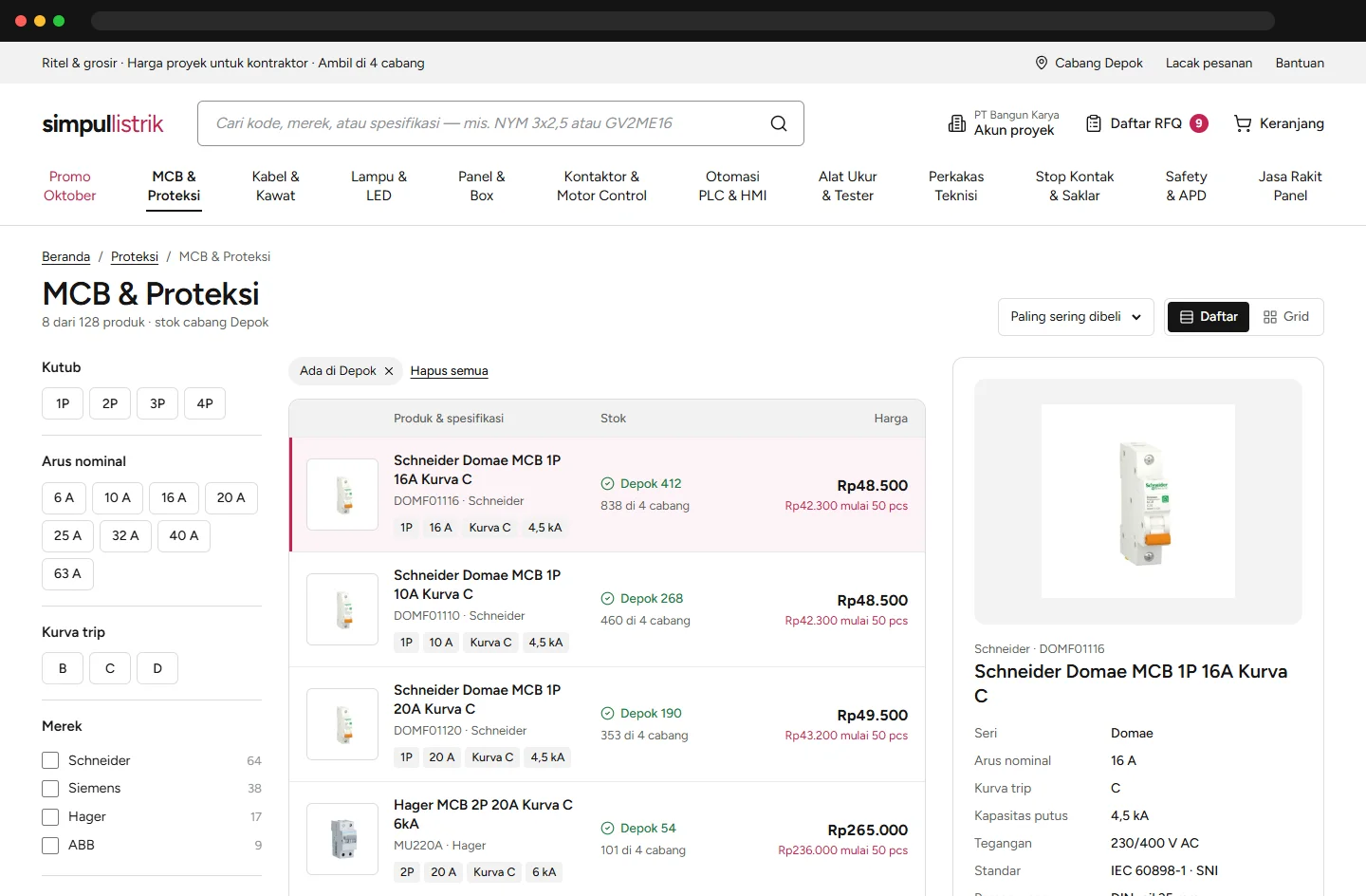 MCB catalog with spec filters, branch stock, tier pricing and product detail