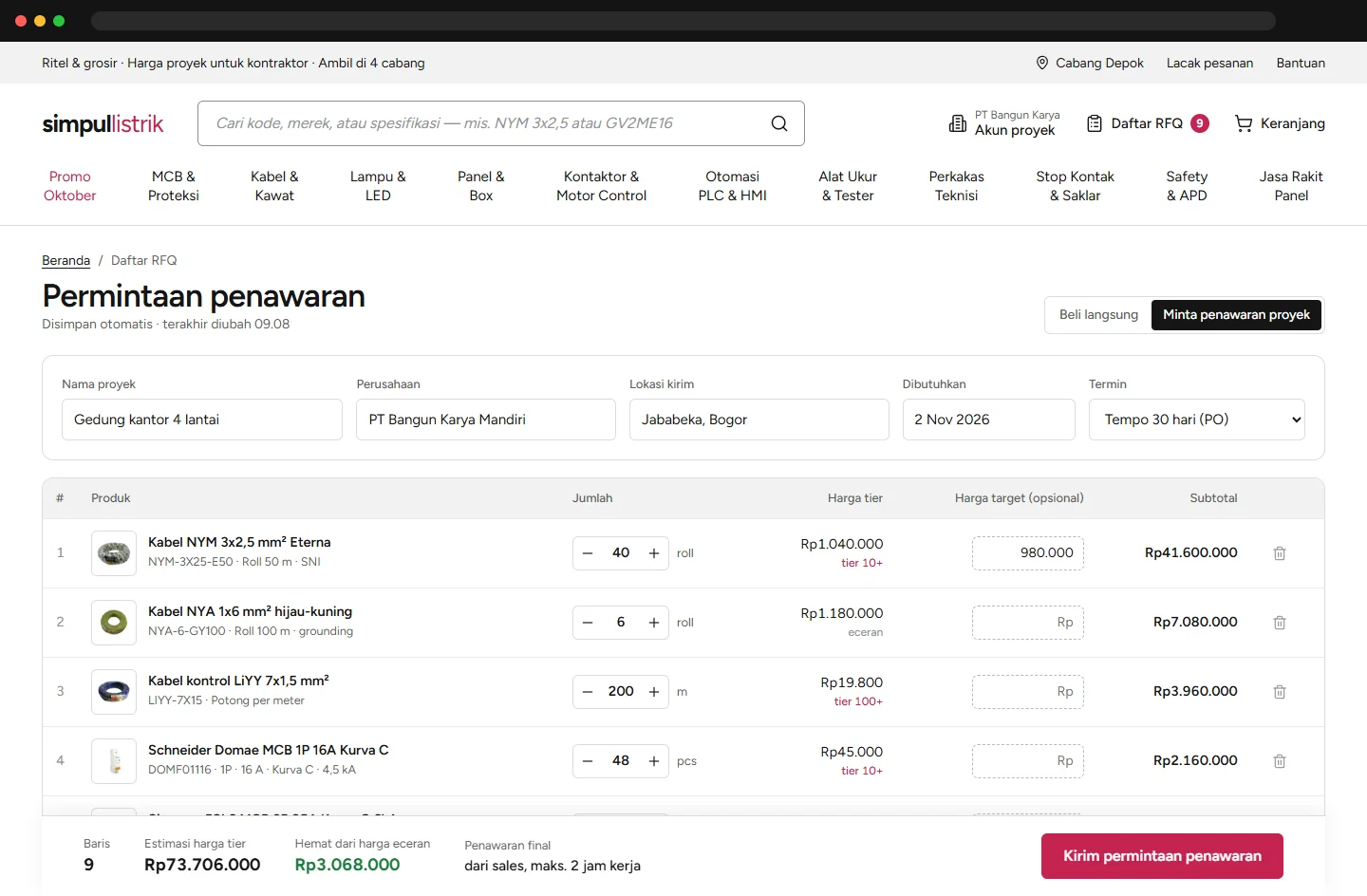 Project quotation sheet with quantities, tier prices and target prices