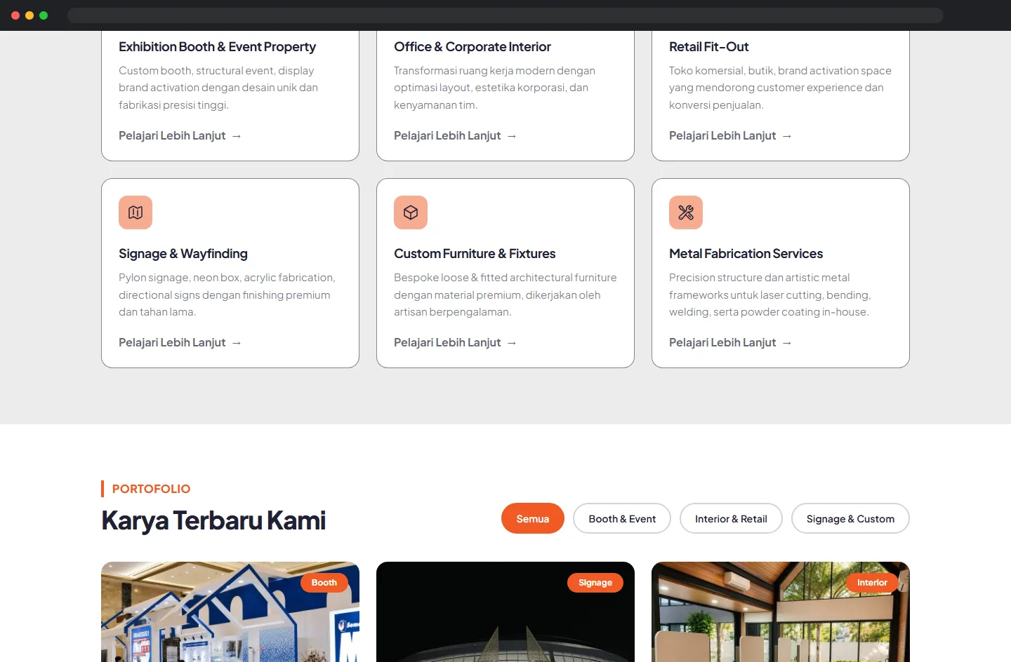 Six service lines and a filterable project portfolio