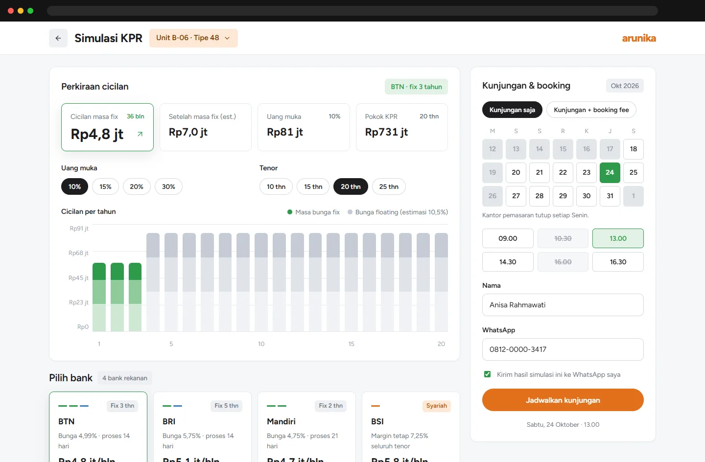 Simulasi KPR per bank, lalu jadwal kunjungan dan booking fee