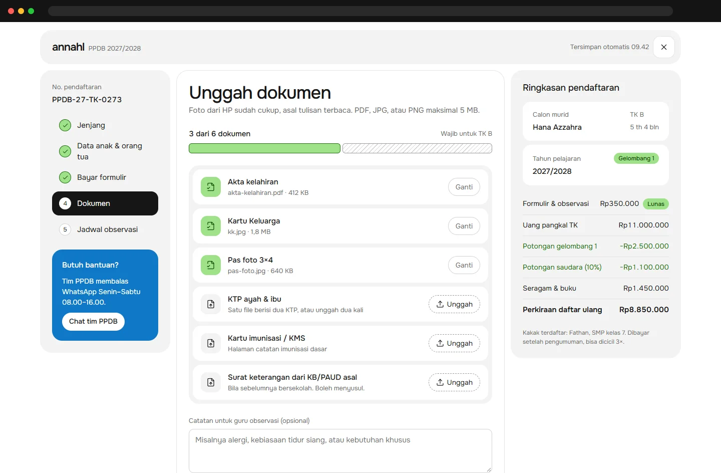 Formulir PPDB: unggah dokumen dengan ringkasan biaya