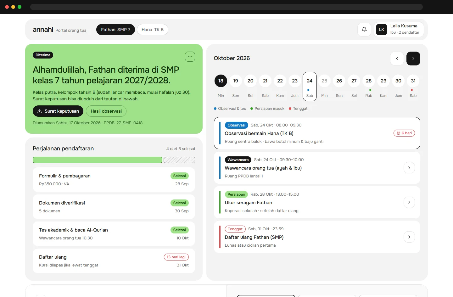 Portal orang tua: pengumuman, jadwal, dan pembayaran daftar ulang