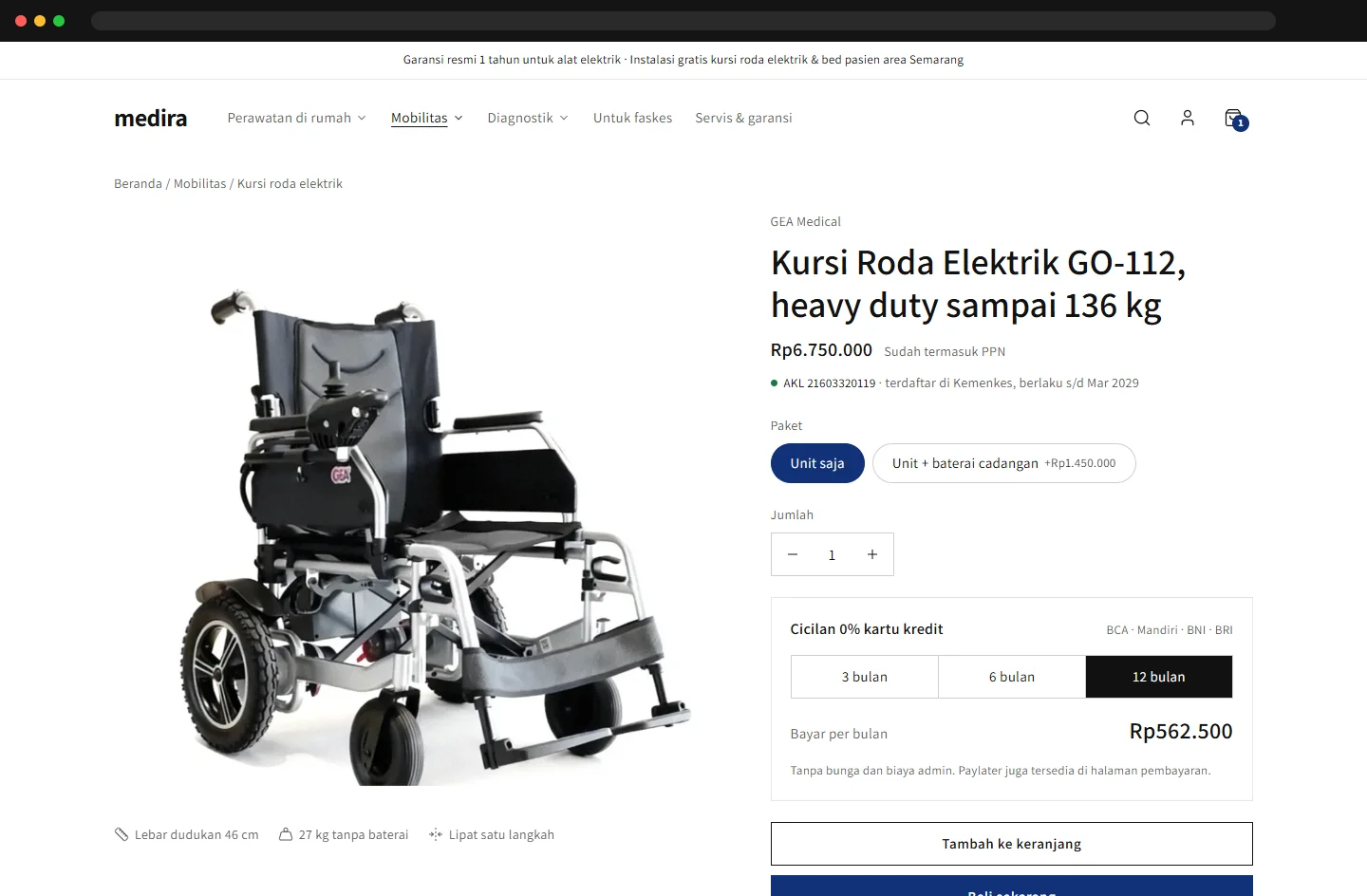 Product page with package options, 0% installment calculator and full specifications