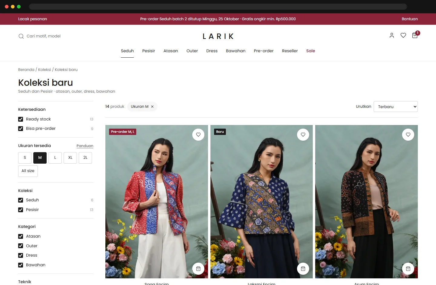 Catalog with filters for availability, size and collection