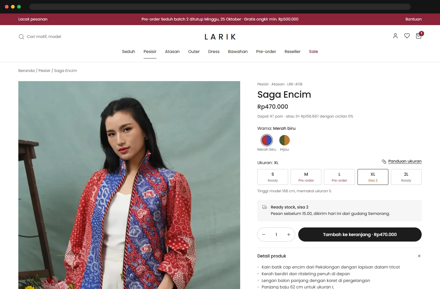 Product page with size status, pre-order and size guide