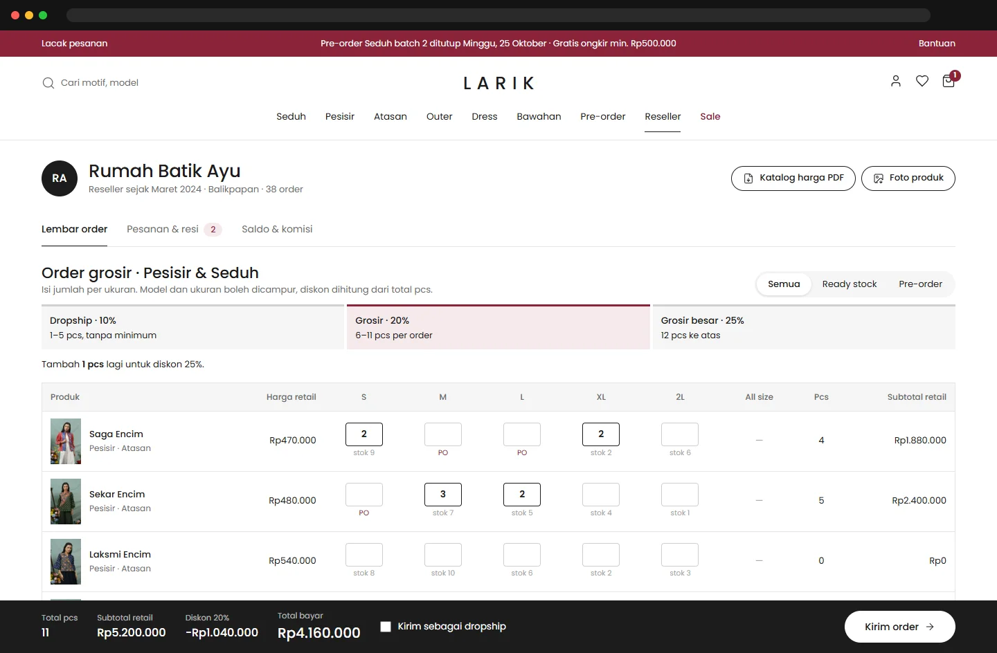 Reseller order sheet by product and size with tiered pricing