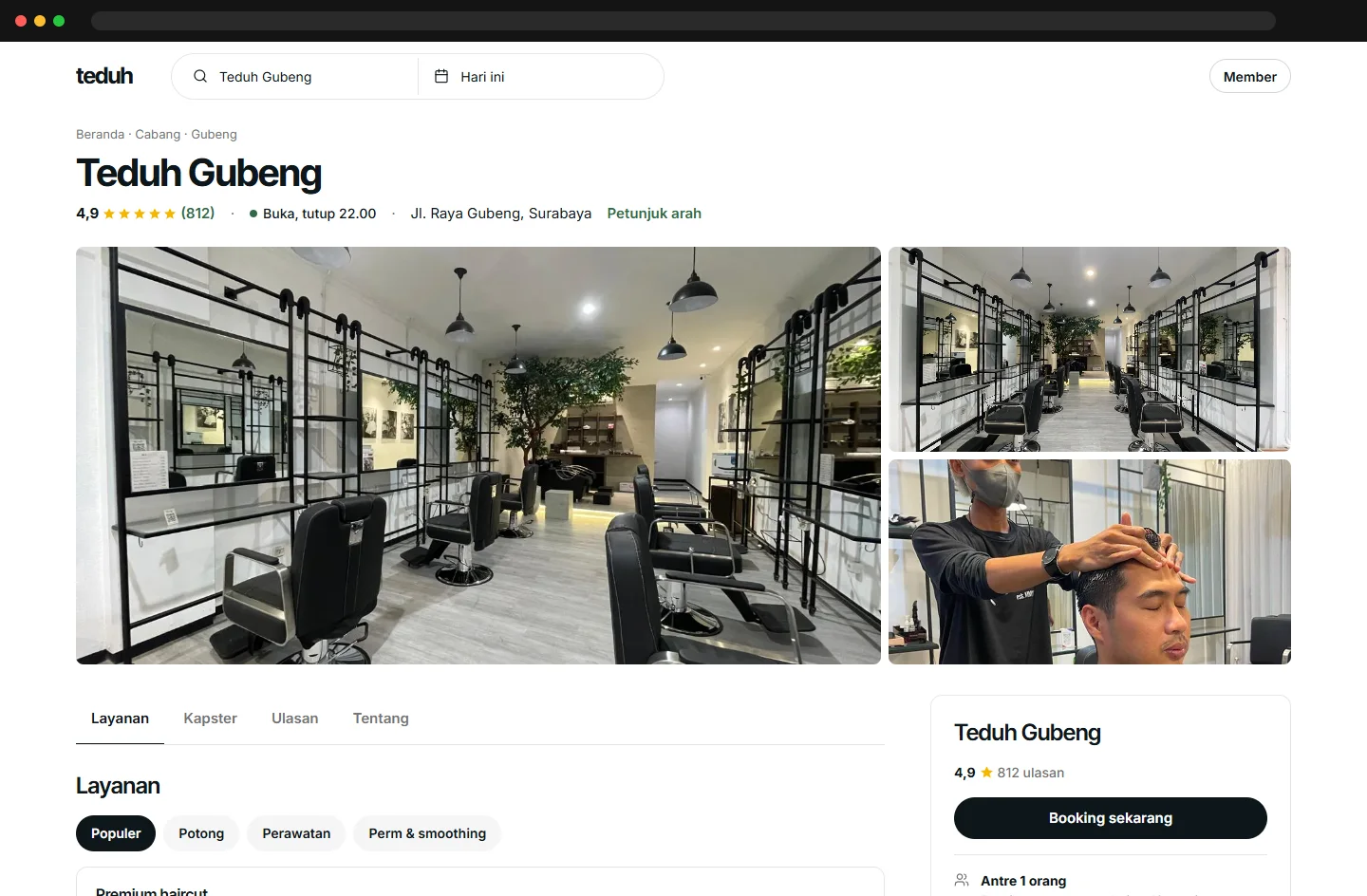 Branch page with gallery, services and live queue