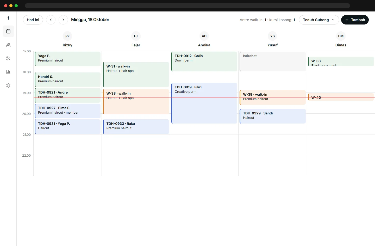 Partner calendar by barber with walk-ins and bookings
