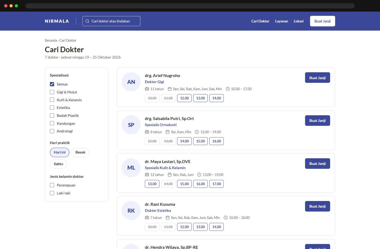 Cari dokter dengan filter dan slot kosong