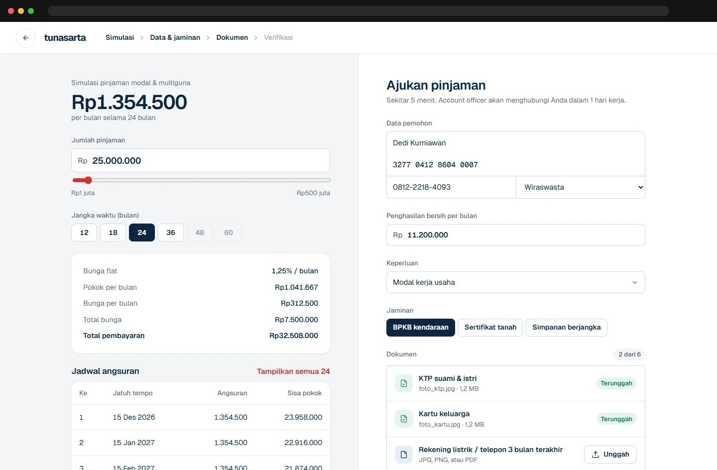Loan simulation beside the online application and document checklist