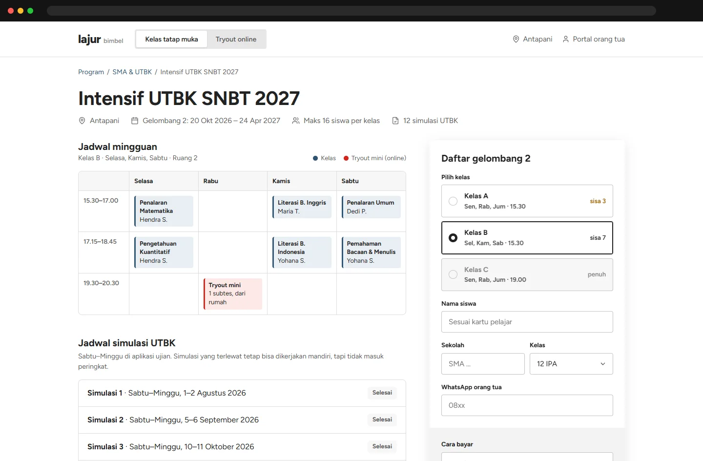 Program page with weekly schedule, simulations and registration