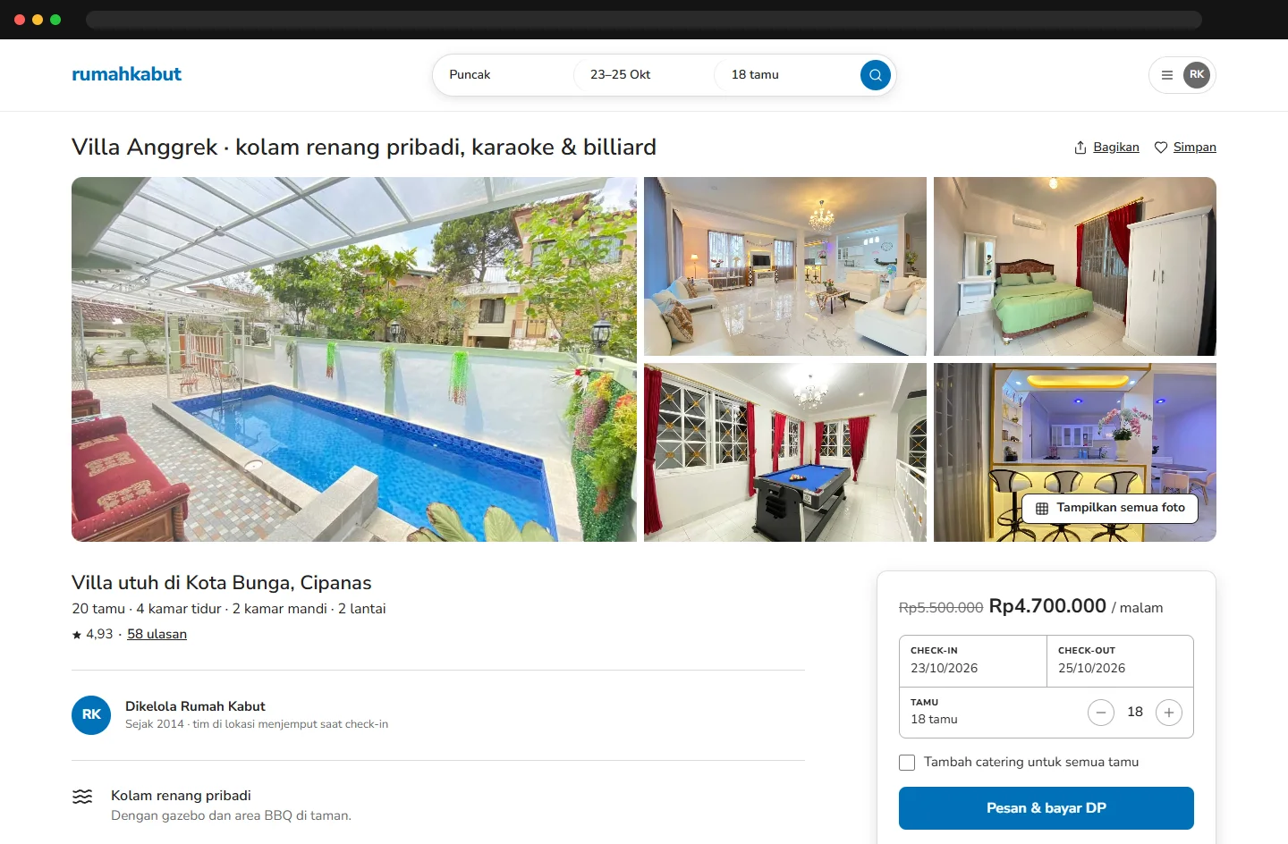 Villa page with gallery, two-month calendar and booking card