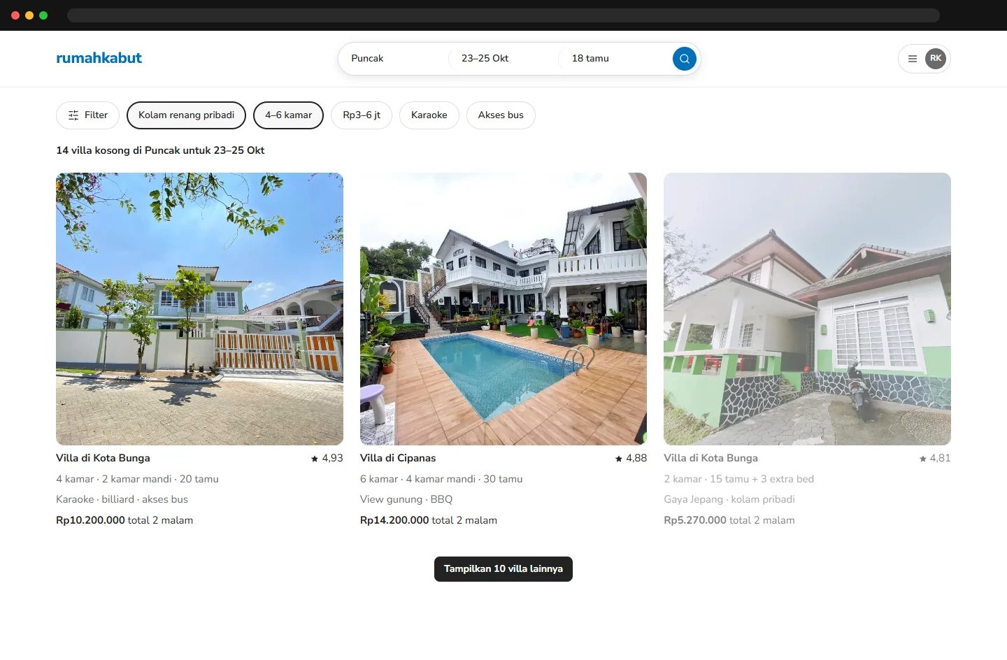 Search results filtered by facilities and bedrooms