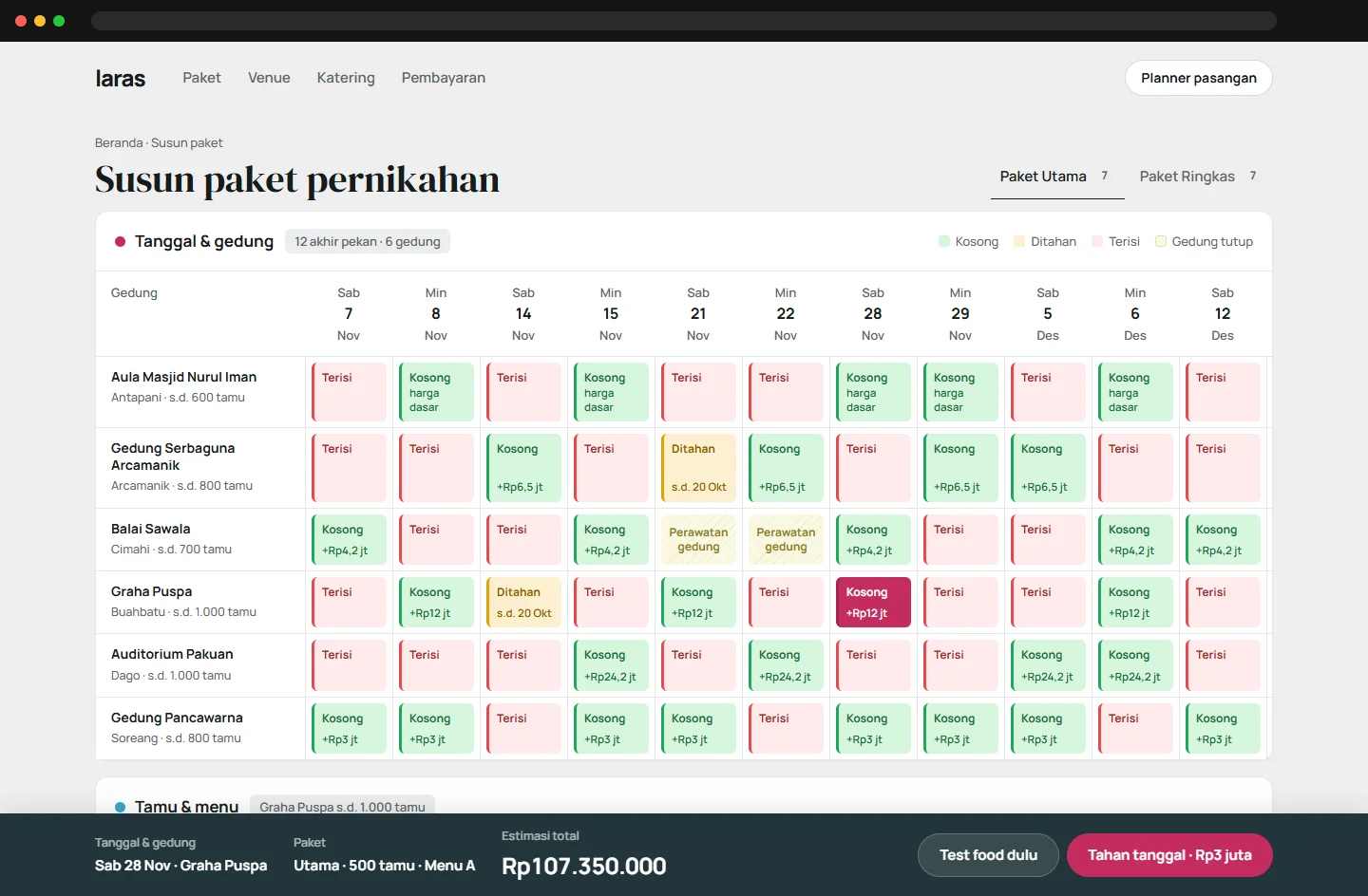 Package builder with venue-by-date availability and a live estimate