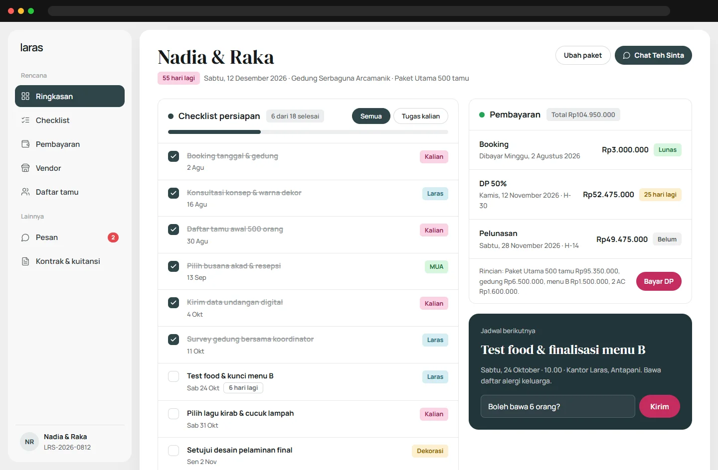 Couple's planner with checklist, payment schedule and vendors